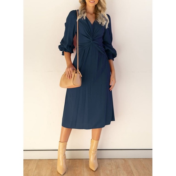 Size 8 Women's V Neck Midi Dress Casual Ruffled Long Sleeve Back Keyhol - Picture 4 of 6